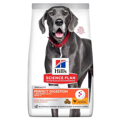 Hill's Science Plan Perfect Digestion Large Breed Adult Dog Food bag with a Greyhound on the front, promoting digestive health.