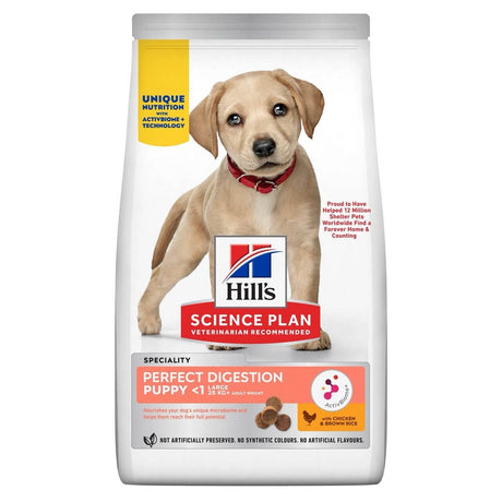 Hill's Science Plan Perfect Digestion Chicken Large Breed Puppy Food bag with a puppy on the front, highlighting unique nutrition and prebiotics.