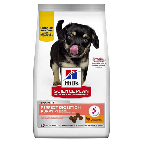 Hill's Science Plan Perfect Digestion Chicken Medium Puppy Food bag with a happy puppy, promoting optimal growth and health.