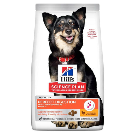 Hill's Science Plan Perfect Digestion Chicken Small & Mini Adult Dog Food bag with dog, supports digestive health and microbiome.