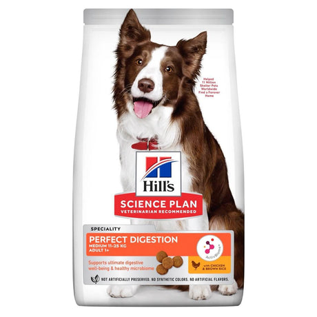 Hill's Science Plan Perfect Digestion Medium Adult Dog Food 12kg bag with a dog, supports digestive health and microbiome balance.
