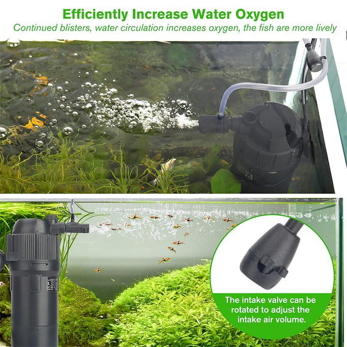 Hygger 4 in 1 Aquarium UV Filter promoting oxygen circulation in a fish tank with adjustable intake valve for optimal performance.