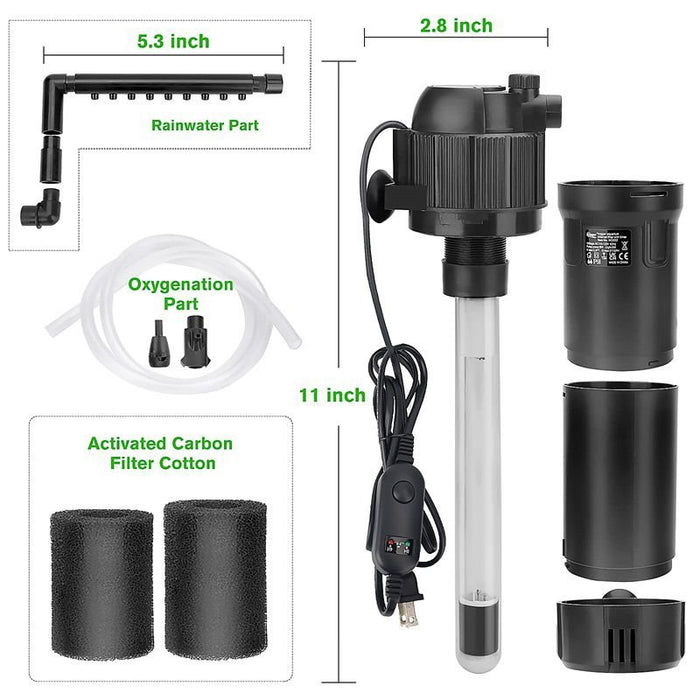 Hygger 4 in 1 Aquarium UV Filter components labeled with dimensions, featuring pump, filter cotton, and oxygenation part.