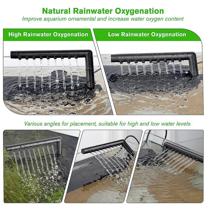 Natural rainwater oxygenation device showcasing high and low oxygenation levels for aquariums at various water levels.