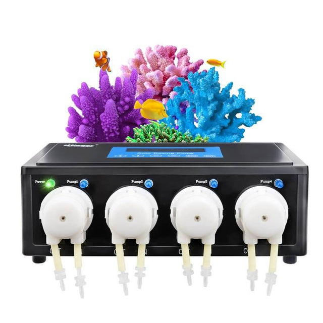Hygger Aquarium Dosing Pump with four pump channels and colorful corals in the background.