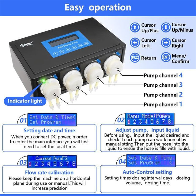 Hygger Aquarium Dosing Pump control panel with multiple pump channels and operation instructions.