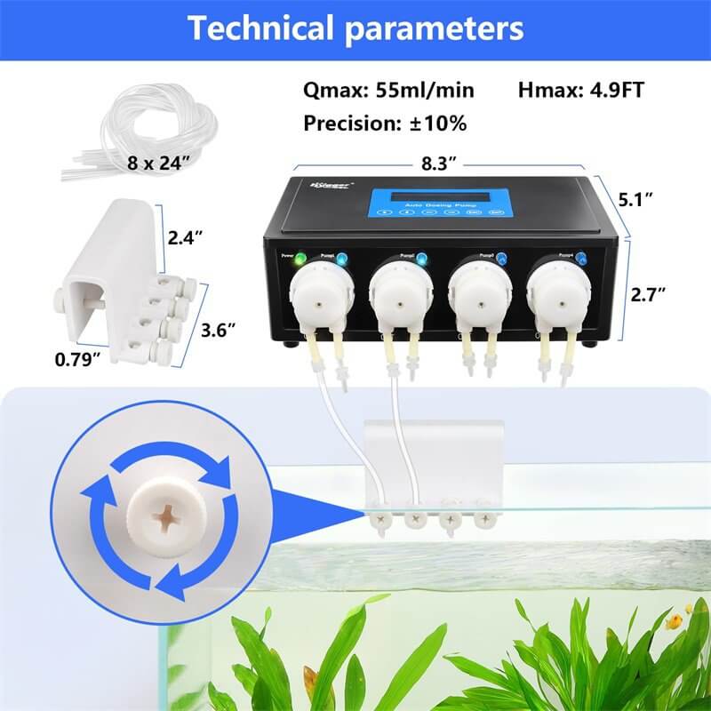 Technical parameters of Hygger Aquarium Dosing Pump showing pump channels and connection details.