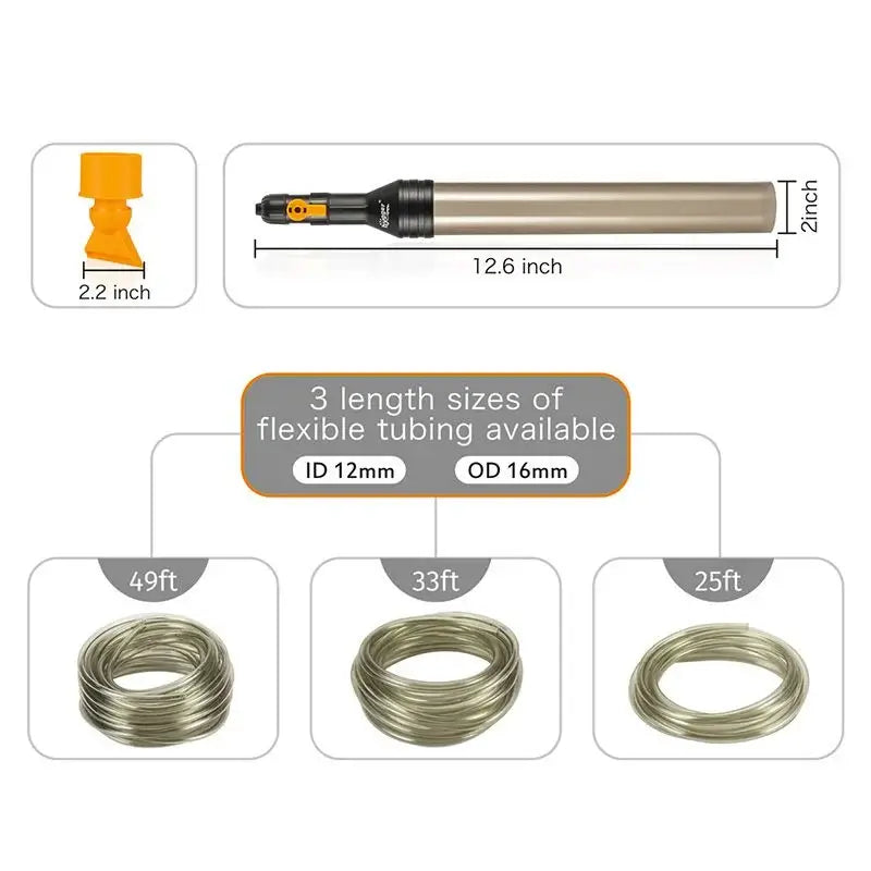 Hygger Auto Gravel Cleaner parts showcasing flexible tubing sizes and measurements for effective aquarium cleaning.