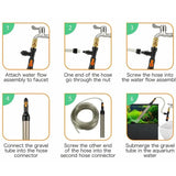 Instructions for using Hygger Auto Gravel Cleaner with water flow assembly and connections.