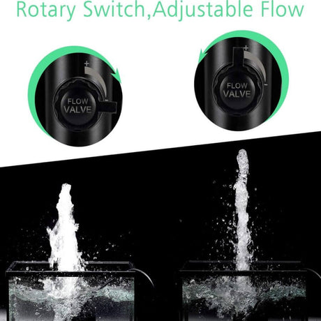 Adjustable flow rotary switch for Hygger bottom intake pump showing low and high water flow in aquarium setup.