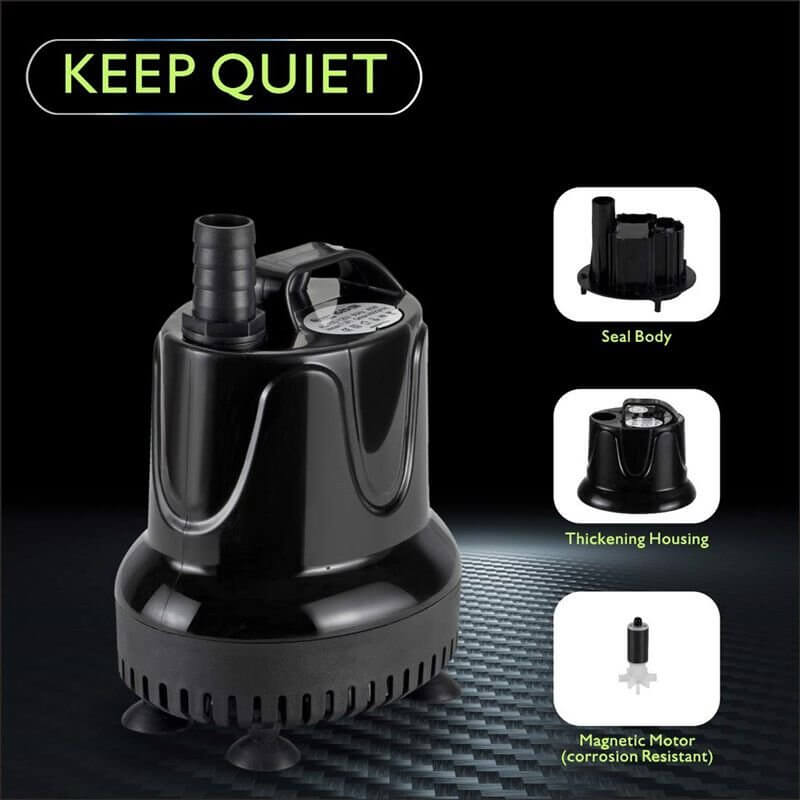 Hygger Bottom Intake Pump with quiet operation features, including seal body, thickening housing, and magnetic motor.