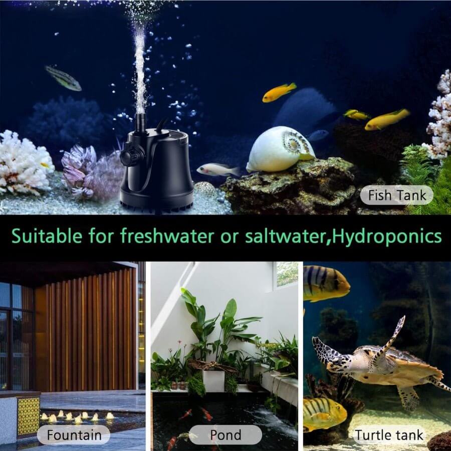 Hygger Bottom Intake Pump shown in fish tank, fountain, pond, and turtle tank for versatile water applications.