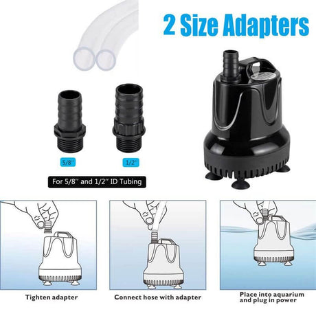 Hygger Bottom Intake Pump showing two size adapters for 5/8" and 1/2" ID tubing, ideal for aquarium setups.