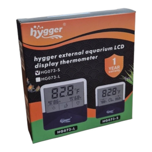 Hygger External Aquarium LCD Thermometer packaging showing high accuracy for saltwater and freshwater tanks, featuring HG073-S and HG073-L.