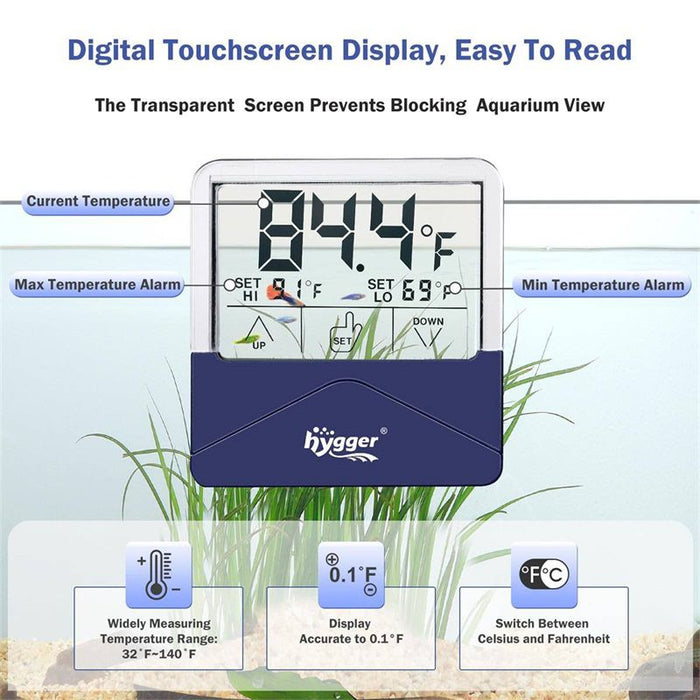 Hygger External Aquarium LCD Thermometer with digital touchscreen display for easy temperature reading and alarms.