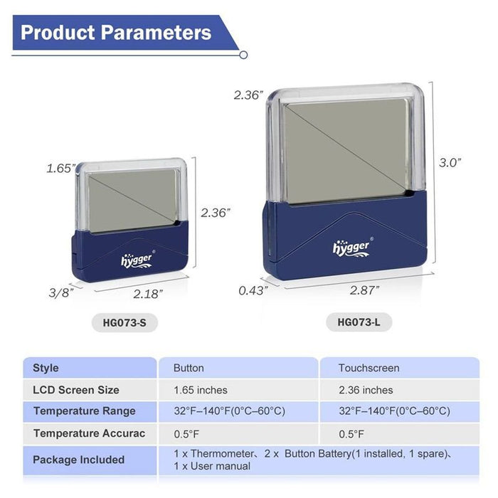 Hygger External Aquarium LCD Thermometer dimensions and product parameters for accurate temperature measurement in fish tanks.