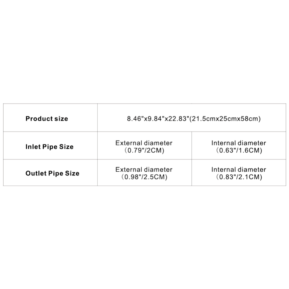 Product size and pipe dimensions for Hygger Fish Waste Collector Red, including inlet and outlet measurements.