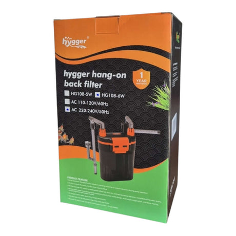 Hygger Hang on Back Canister Filter packaging showcasing versatile filtration system for freshwater and saltwater tanks.