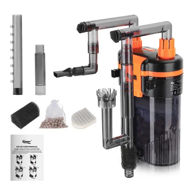 Hygger Hang on Back Canister Filter with accessories for versatile filtration in freshwater and saltwater tanks.