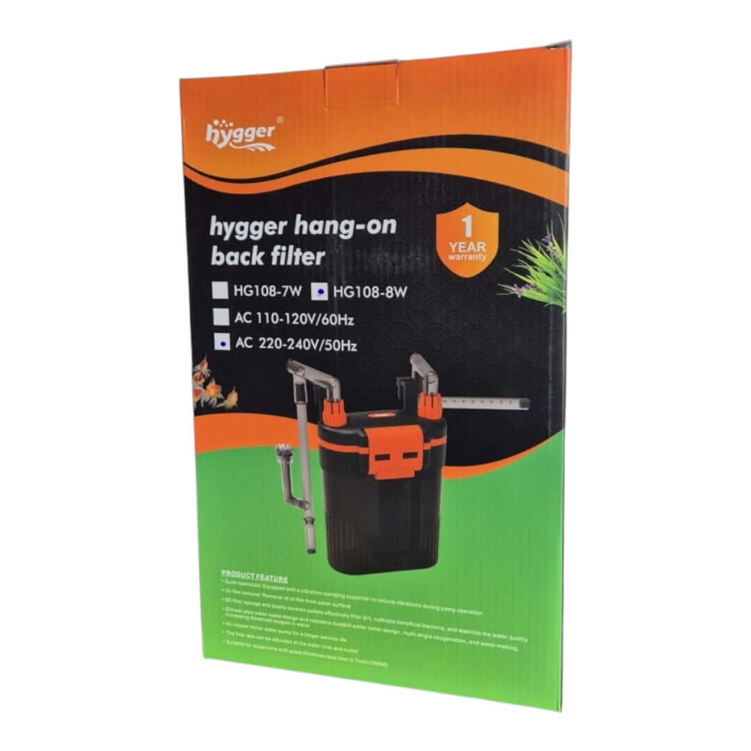 Hygger hang-on back canister filter with versatile filtration system for freshwater and saltwater tanks.