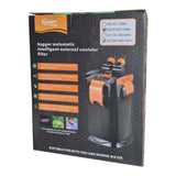 Hygger Intelligent Canister Filter packaging showcasing self-priming, easy setup for fish and marine water.