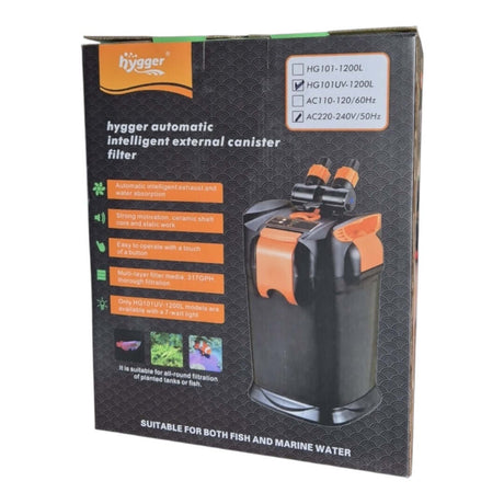 Hygger Intelligent Canister Filter packaging showcasing self-priming, easy setup for fish and marine water.