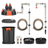 Hygger Intelligent Canister Filter parts including hoses, adapters, and filter baskets for easy installation.