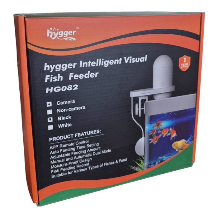 Hygger Intelligent Visual Fish Feeder box showcasing camera, non-camera options, and features like remote control and adjustable feeding.