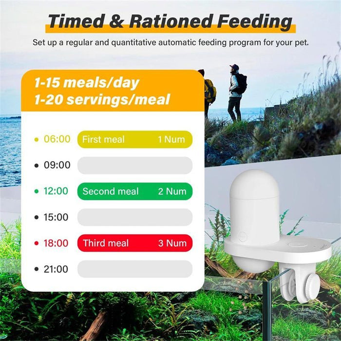 Timed feeding program for pets with automatic meal schedule and portion control display, featuring user-friendly setup interface.