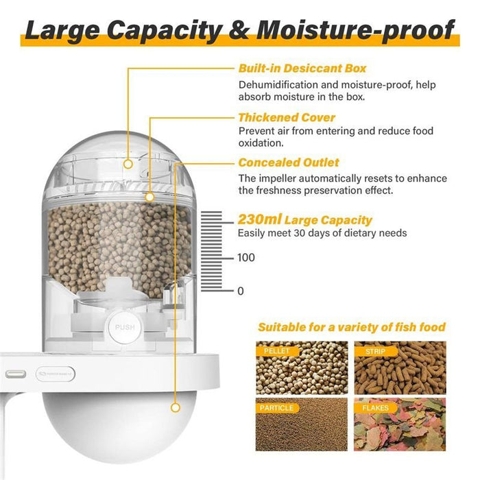 Hygger Intelligent Fish Feeder features large 230ml capacity, moisture-proof design, and built-in desiccant for optimal fish food storage.