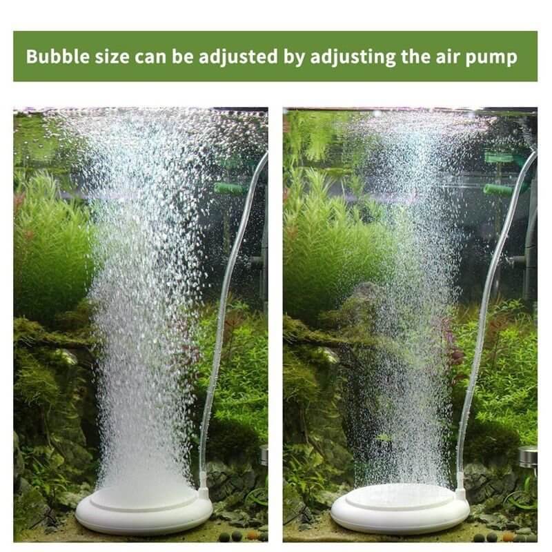 Hygger Nano Fine Bubble Air Stone demonstrating adjustable bubble sizes in aquarium setup with air pump connection.
