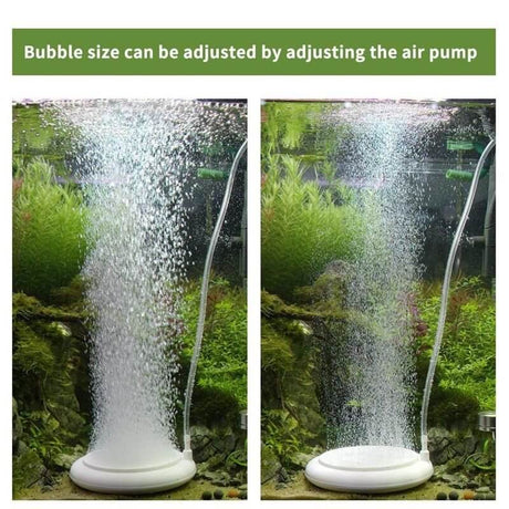 Hygger Nano Fine Bubble Air Stone demonstrating adjustable bubble sizes in aquarium setup with air pump connection.