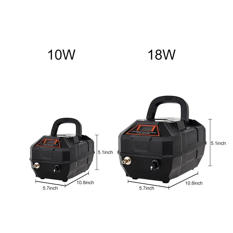 Hygger Portable Air Pump Kit shown in 10W and 18W sizes, featuring adjustable air volume control.