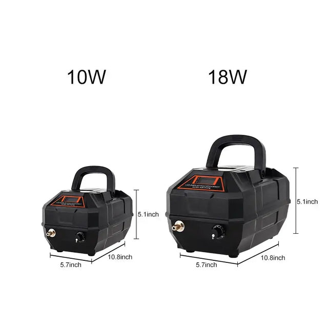 Hygger Portable Air Pump Kit shown in 10W and 18W sizes, featuring adjustable air volume control.