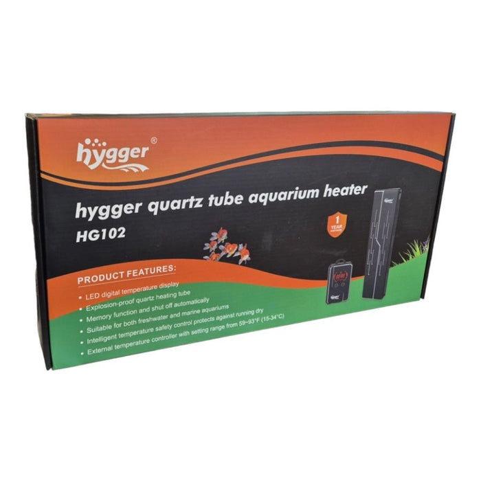 Hygger Quartz Tube Aquarium Heater 800w box features LED display and temperature control for safe fish tank heating.