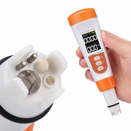 Hygger Water Quality Meter in use to measure pH, TDS, and temperature with LCD display.