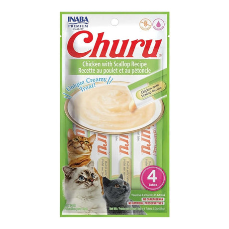 Inaba Churu Cat Treats pack featuring creamy chicken with scallop recipe, includes 4 easy-to-digest tubes for cats.
