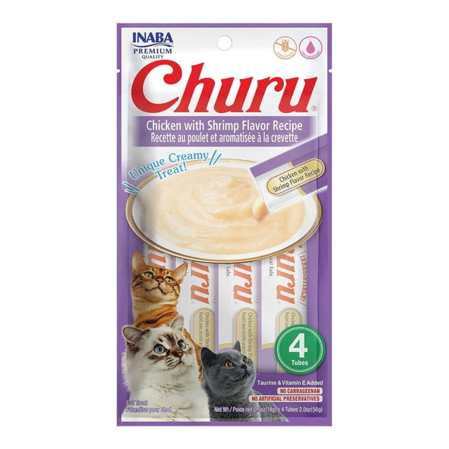 Inaba Churu Cat Treats Chicken with Shrimp Flavor, creamy soft tubes, 4x14g, made with quality ingredients for healthy cats.