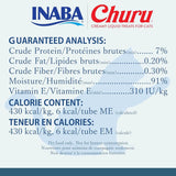 Nutritional analysis for Inaba Churu creamy cat treats including protein, fat, fiber, vitamins, and calorie content.