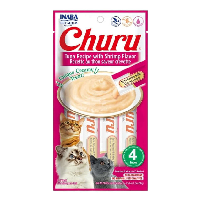 Inaba Churu Tuna Cat Treats with Shrimp Flavor in pack of 4 tubes, creamy and nutritious for healthy cat snacks.