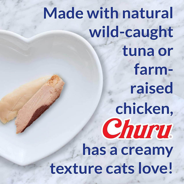 Churu cat treat featuring natural wild-caught tuna and farm-raised chicken in a heart-shaped bowl.