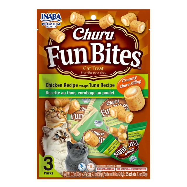 Inaba Churu Fun Bites cat treats packaging featuring chicken and tuna flavors, with creamy filling and three packs for freshness.