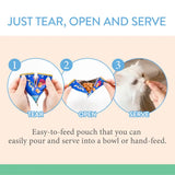 Steps to enjoy Inaba Churu Fun Bites: tear, open, and serve. Easy-to-feed packaging for cats.