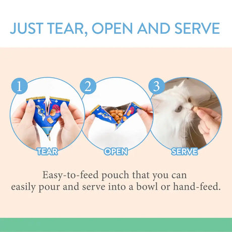 Steps to enjoy Inaba Churu Fun Bites: tear, open, and serve. Easy-to-feed packaging for cats.
