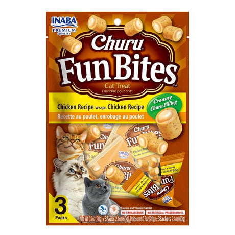 Inaba Churu Fun Bites Cat Treats with chicken recipe, creamy filling, and three packs for freshness.