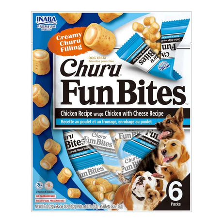 Inaba Churu Fun Bites Dog Treats package with creamy chicken filling, featuring 6 tetra packs for freshness.