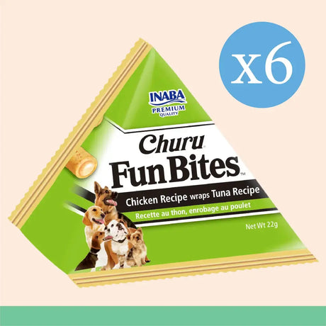 Inaba Churu Fun Bites Dog Treats package featuring chicken and tuna recipe with six 22g tetra packs.
