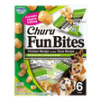 Inaba Churu Fun Bites dog treats pack featuring chicken and tuna flavors for dogs, includes six tetra packs.