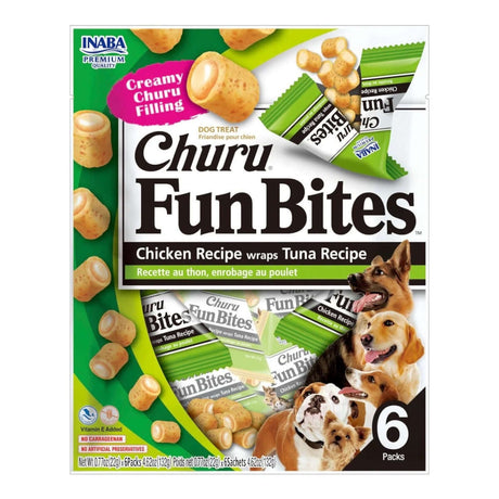 Inaba Churu Fun Bites dog treats pack featuring chicken and tuna flavors for dogs, includes six tetra packs.