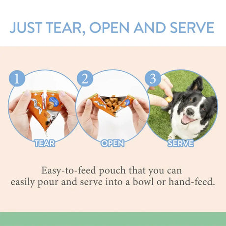 Steps to serve Inaba Churu Fun Bites dog treats: tear, open pouch, and serve easily to your dog.